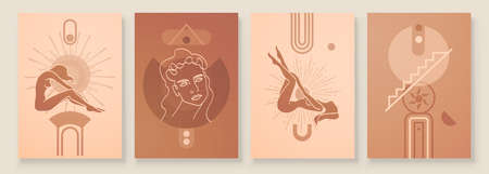 Abstract composition art with nude female silhouette in sunrise or sunset. Earth tones colors wall art decor. Soft color painting boho style background. Minimalistic background. Vector illustration.のイラスト素材