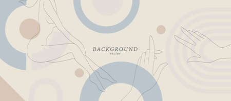 Abstract background art with botanical and woman body shapes on soft background. Organic colors horizontal banner. Boho style minimalistic background. Vector illustration.のイラスト素材