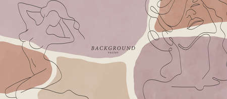 Abstract background art with woman beauty face or naked body. Earth tones colors wall art decor. Soft color painting boho style background. Minimalistic background design. Vector illustration.のイラスト素材