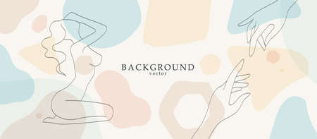Abstract art with nude woman body in geometry shapes landscape background. Soft color painting decor...
