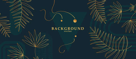 Abstract background art with botanical leaves on dark blue or green background. Tidewater colors wall art decor. Boho style minimalistic background. Vector illustration.のイラスト素材