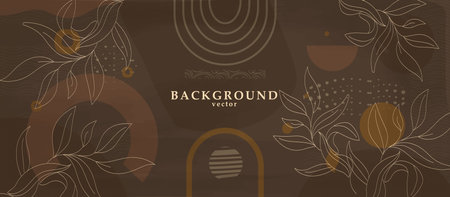 Abstract background art with botanical leaves on dark brown or chocolate background. Earthtone colors wall art decor. Boho style minimalistic background. Vector illustration.のイラスト素材