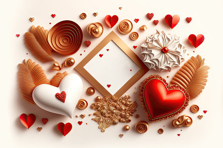 Valentines Day Heart. Realistic 3d design, hearts with decorative gifts, ribbons and golden elements. Romantic background, creative banner, wedding invitation or poster. Digital illustrationの写真素材