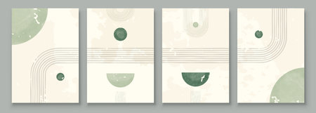 Green Boho Wall Art Set 3 or 4 Pieces of Posters Abstract Boho Rainbow Prints Boho Artwork Mid Century Modern Neutral Green Wall Decorのイラスト素材