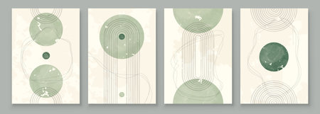 Green Boho Wall Art Set 3 or 4 Pieces of Posters Abstract Boho Rainbow Prints Boho Artwork Mid Century Modern Neutral Green Wall Decorのイラスト素材