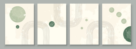 Green Boho Wall Art Set 3 or 4 Pieces of Posters Abstract Boho Rainbow Prints Boho Artwork Mid Century Modern Neutral Green Wall Decorのイラスト素材