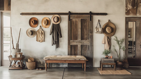 Interior of a modern living room with wooden furniture, rattan baskets, hat and other items.の素材