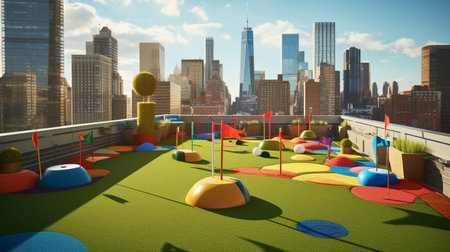 Golf field on the roof of a skyscraper in New York Cityの素材