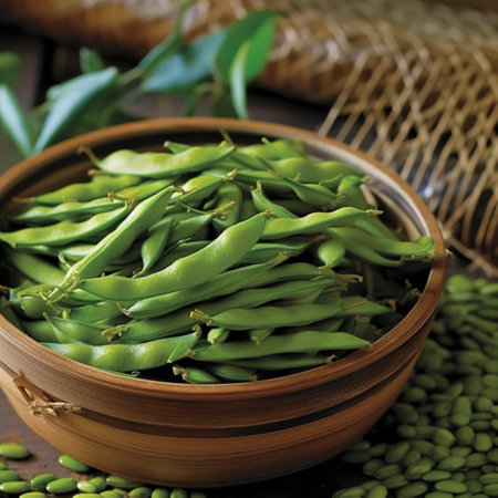 Green soybeans in a wooden bowl on a wooden table, selective focusの素材