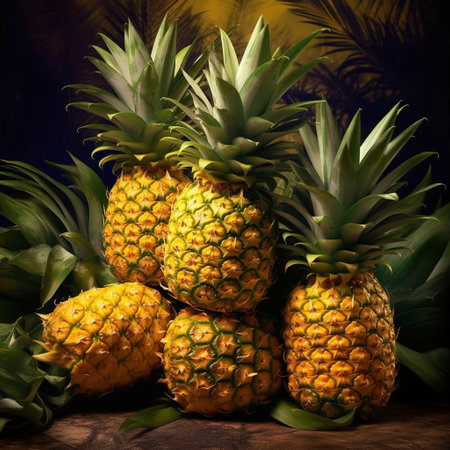 Pineapples on a wooden table with a dark background.の素材
