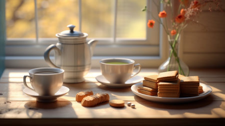 Cup of green tea, cookies and teapot on wooden tableの素材