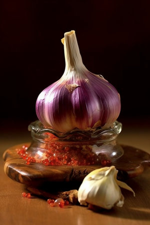 Garlic and red pepper on a wooden table. Black background.の素材