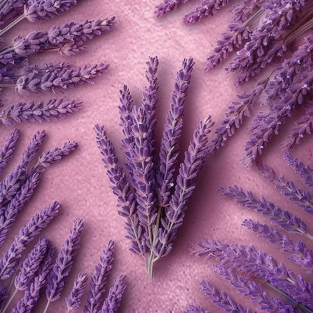 Lavender flowers on pink background. Flat lay, top view.の素材