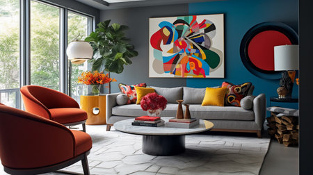 Interior of the living room with a sofa and red armchairの写真素材