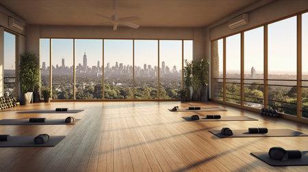 Modern yoga room with panoramic city view. 3D Renderingの写真素材