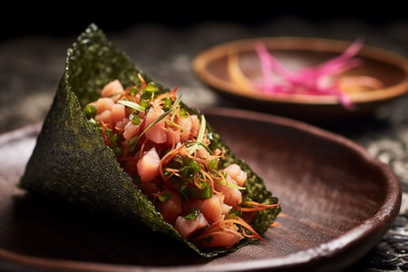 Sushi roll with salmon on a wooden plate. Japanese food.の写真素材