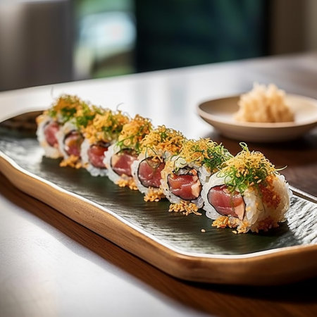 Sushi rolls on a plate in a restaurant. Japanese food.の写真素材