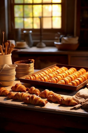 Freshly baked croissants on a wooden table in a bakery