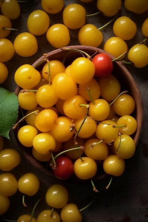 Yellow cherry in a wooden bowl on rustic background. Top view.の写真素材