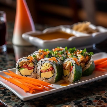 Sushi roll with salmon, cheese, cucumber, ginger and mayonnaise