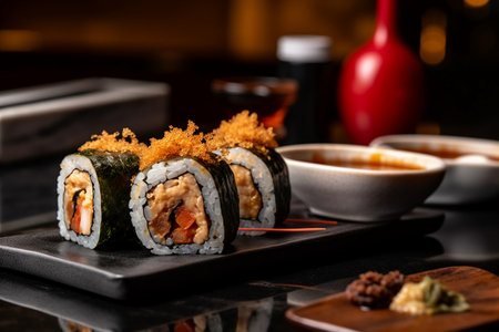 sushi on a black background in a restaurant, close-upの写真素材