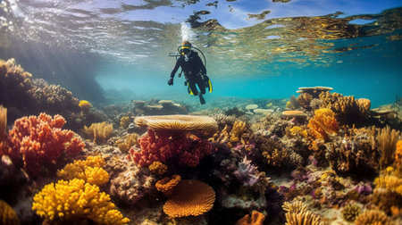 Scuba diver on a colorful tropical coral reef in the Red Seaの素材