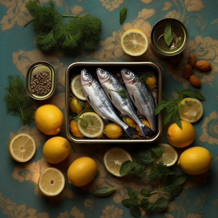 Sardines in a tin can with lemon, parsley, dill and nuts on a green backgroundの素材