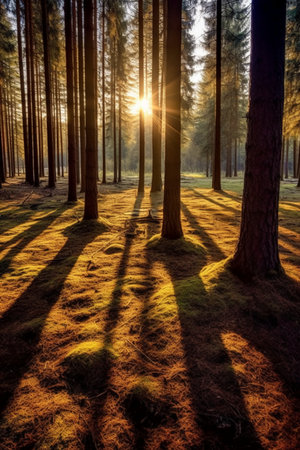 Sunset in the pine forest. Sunset in the woods. Pine treesの素材