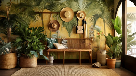 Interior of the room with tropical plants and furniture, 3d renderの素材
