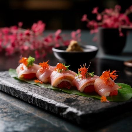 Sushi roll with tuna, shrimp, avocado and mayonnaise on black slate.の素材