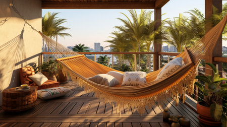Hammock on the terrace with palm trees. 3d renderingの素材