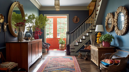 Interior of a living room with a wooden staircase and a fireplaceの素材
