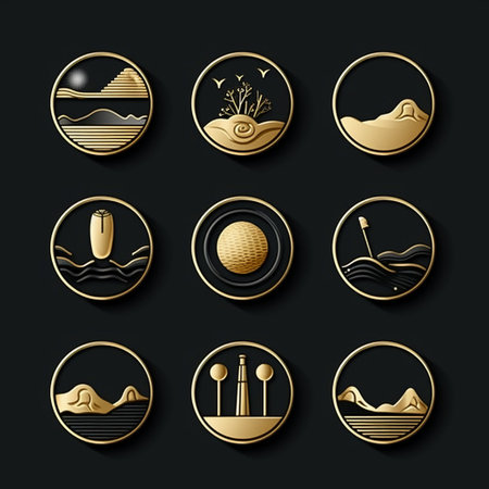 Set of sea icons in gold and black colors. Vector illustration.の素材