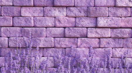 Lavender flowers on purple brick wall background, copy space.の素材