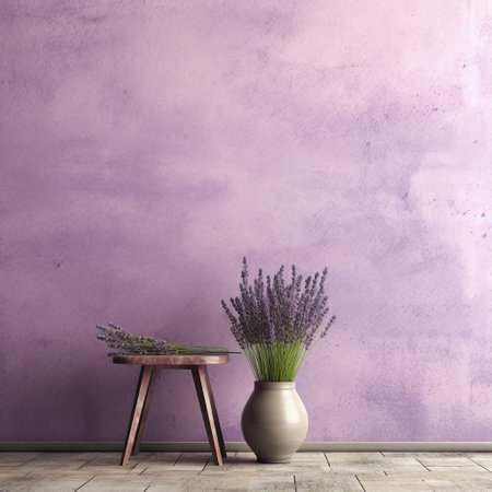 Lavender flowers in vase on wooden table in room with purple wallの素材