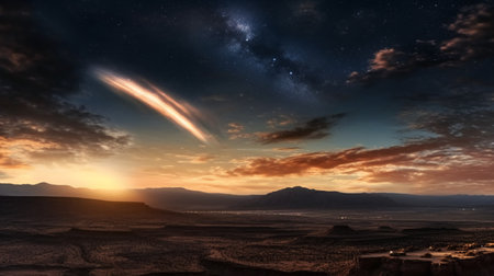 Fantasy alien planet. Mountain and starry sky. 3D illustrationの素材