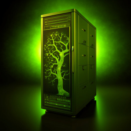 A computer server with a glowing tree on the background. 3D renderingの素材