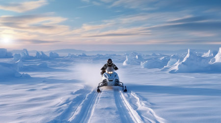 Snowmobiling on the frozen lake. 3d illustration. High resolution.の素材