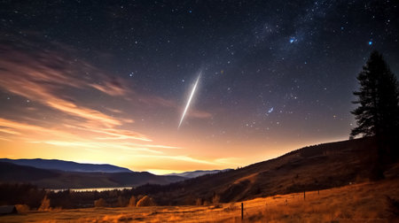 Milky way over the mountains. Night sky with stars and cometの素材