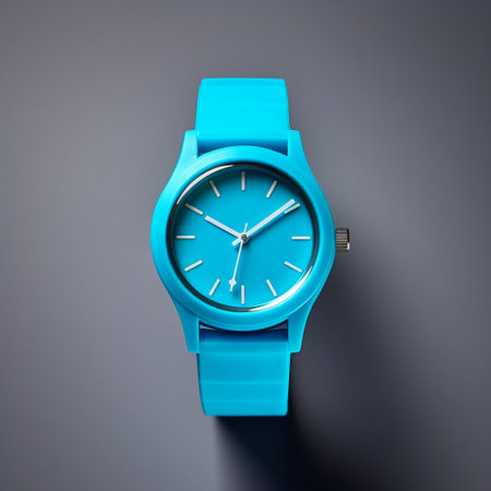 Blue wristwatch isolated on grey background. 3d render illustration.の素材