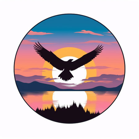 Silhouette of a bald eagle on the background of the sunset. Vector illustration.の素材