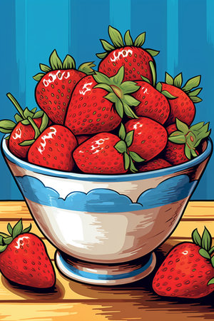 Illustration of a bowl full of strawberries on a wooden table.の素材
