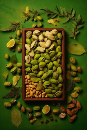 Pistachio nuts with green leaves in wooden box on green backgroundの素材