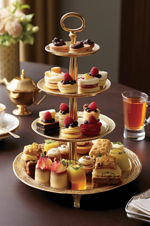 Tray with different kinds of cakes on table, close-upの素材