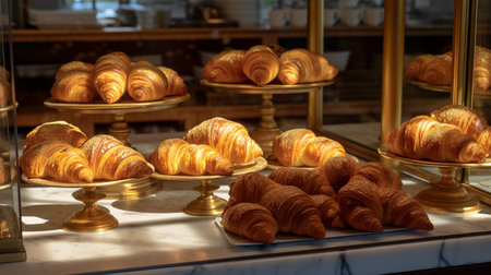 Group of croissants on display at a French pastry shop.の素材
