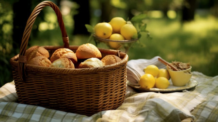 Picnic basket with lemons and cookies on a blanket in the gardenの素材