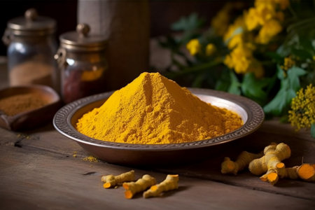 Turmeric powder in a clay bowl on a rustic wooden tableの素材