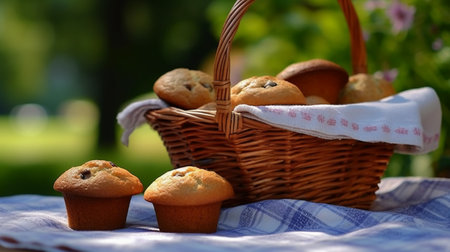 Homemade muffins with raisins in a basket on a picnicの素材
