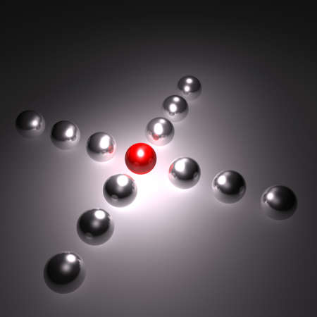 3D Spheres, Balls Formed In X. The Ball in the Middle is Red, the Other Ones are Silver, Metallic, Chromeの写真素材