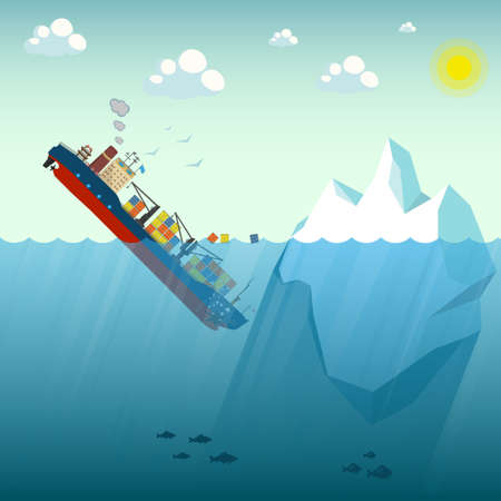 Shipwreck Iceberg container ship. The ship went under water half swimming around the containers. In the background blue sky, sun and gulls. Vector Illustration.のイラスト素材